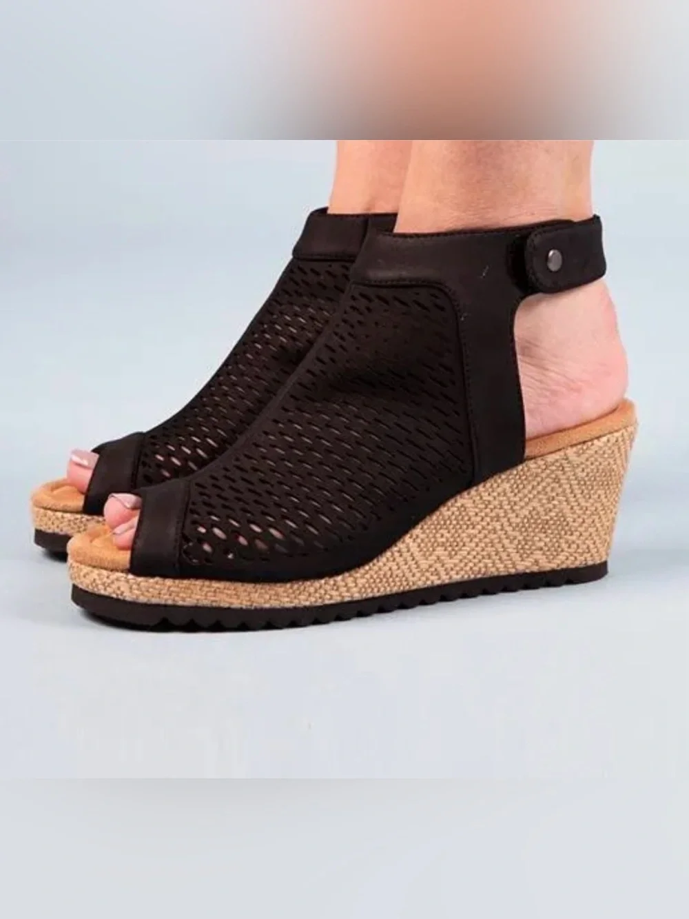Sketchers memory form Black Perforated Peep-Toe Wedge Sandals - Women's